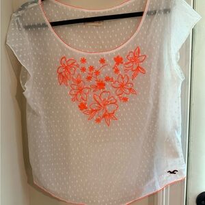 Hollister Women's White Blouse with Orange Floral Embroidery